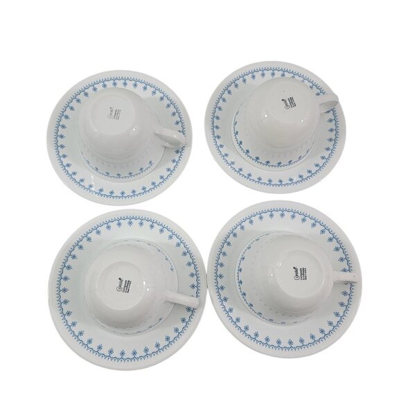 Vintage 1970’s Corelle Livingware Blue Ring Handle Snowflake Cup & Saucer Sets - Picture 3 of 16